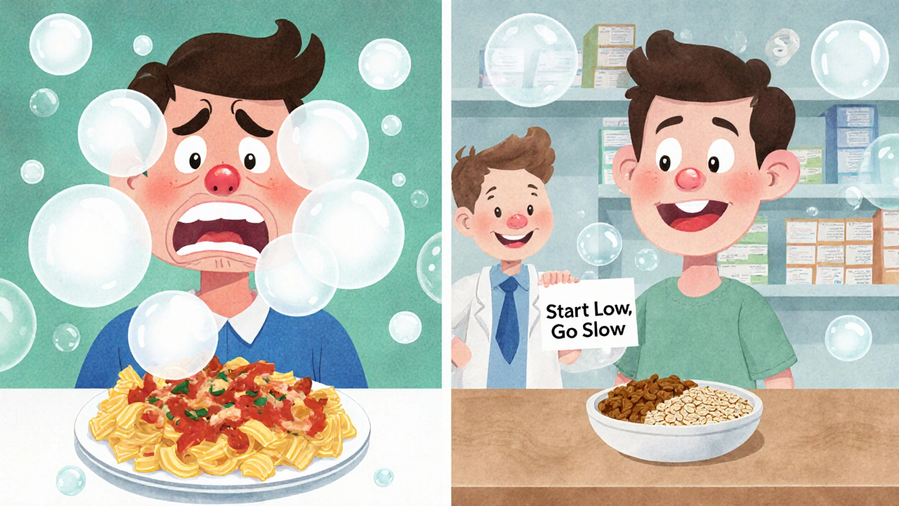 Split scene: person suffering from gas with acarbose vs. calm with miglitol, cartoon style.