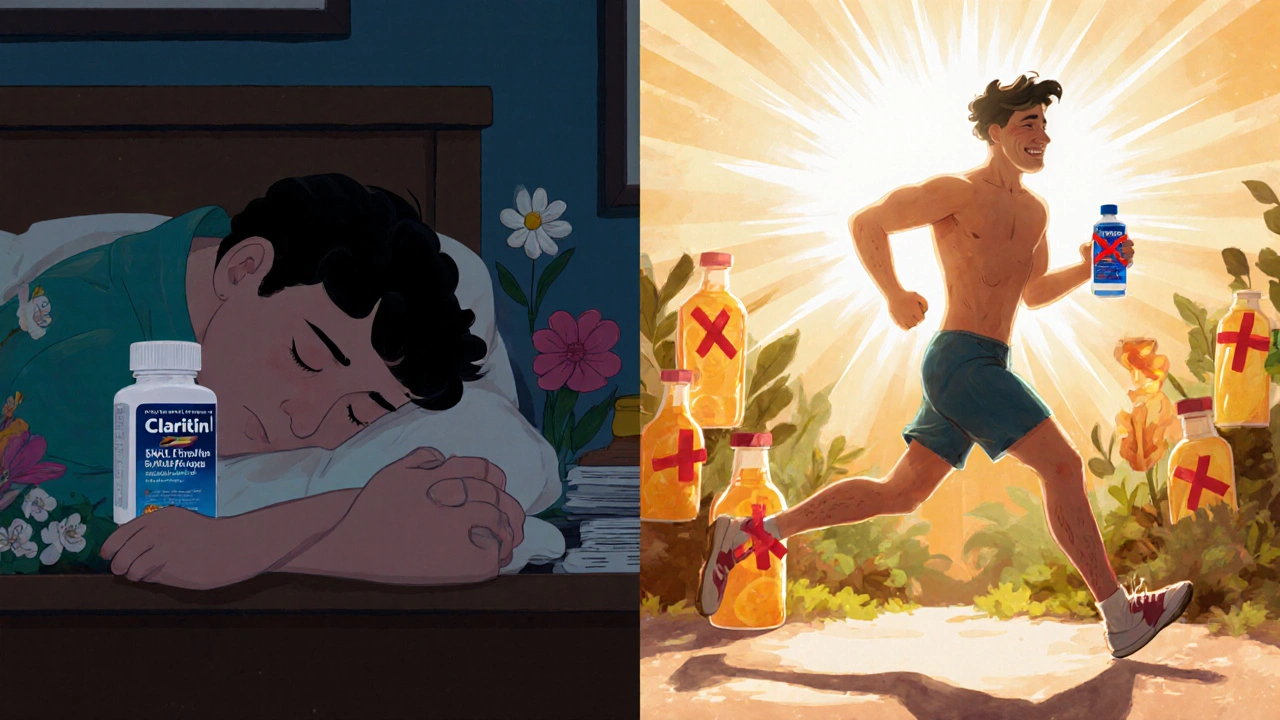 Split scene: sleepy person with Claritin vs. energetic person with Allegra and juice bottles marked X.