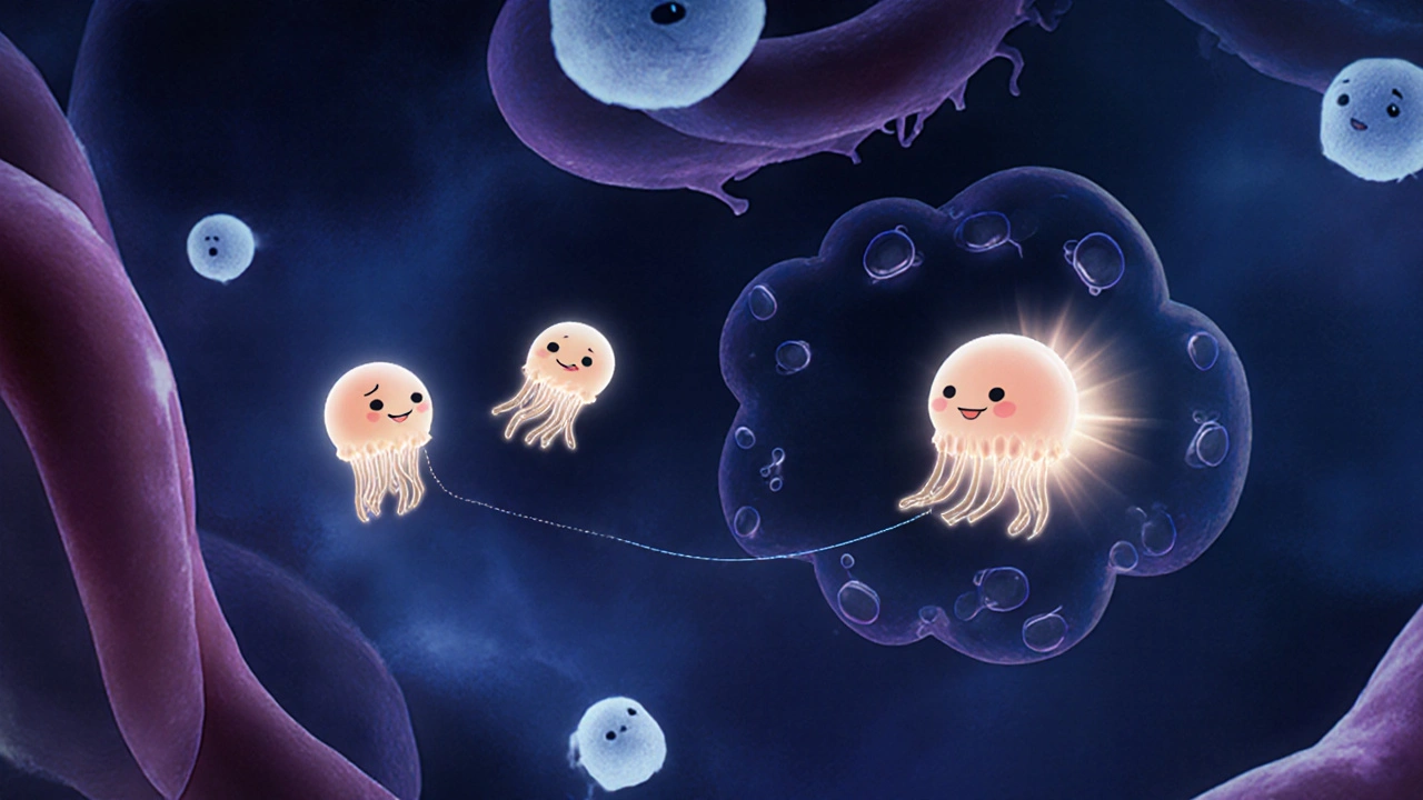 Tiny glowing fat-bubble capsules guiding a drug to a tumor, while a faulty capsule drifts away in the bloodstream.