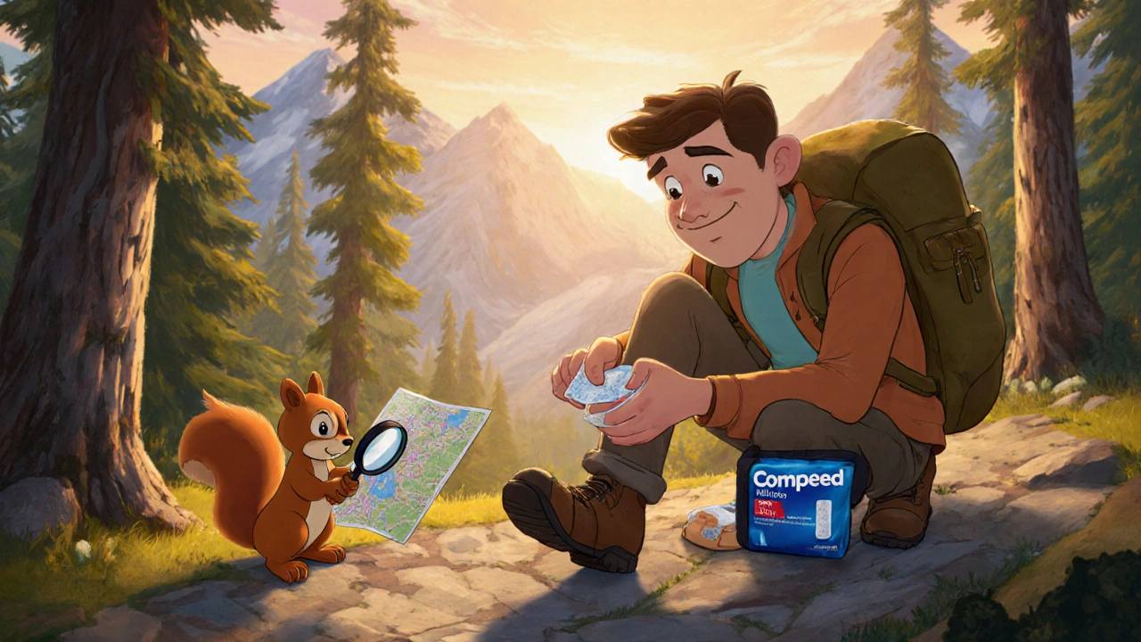 Traveler applying a blister pad while hiking in the mountains, with a squirrel watching kindly.