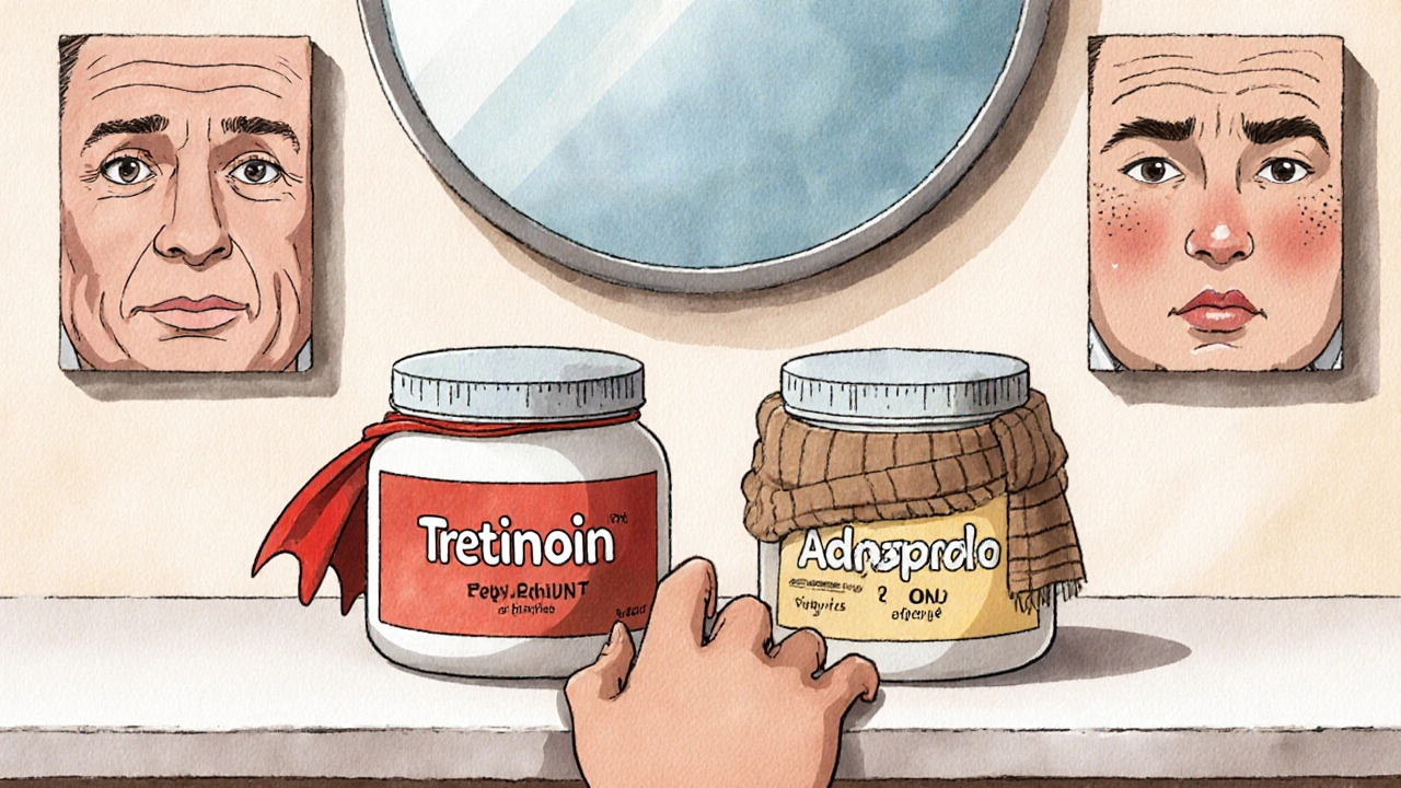 Two animated retinoid jars side by side, showing before-and-after skin improvements in a bathroom setting.