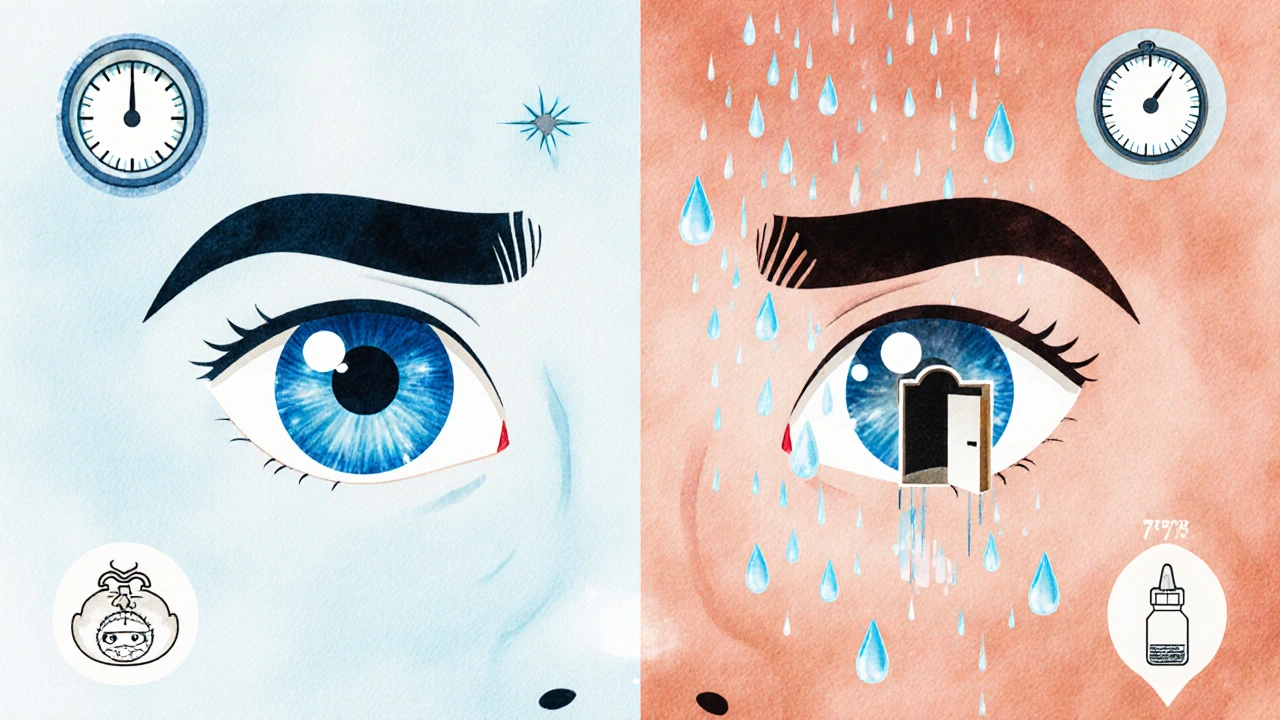 Two cartoon eyes side by side, one healthy and one with glaucoma, being treated by magical eye drops that open drainage channels.