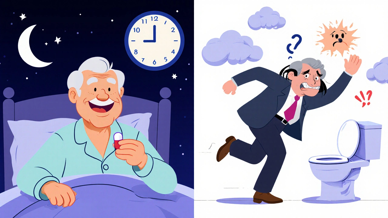 Two versions of a man: one peaceful at night, one overwhelmed in the morning, showing the contrast of dosing times.