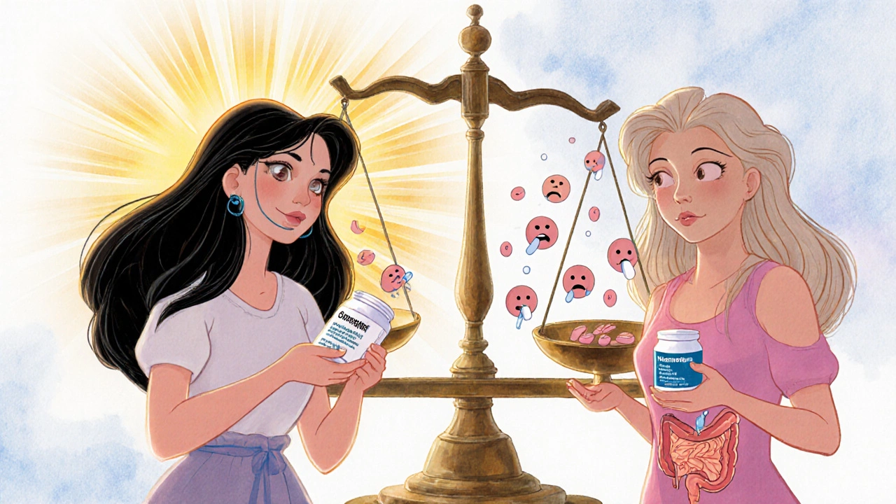 Two women contrasted by hair health: one thriving with cyclosporine, the other losing hair from tacrolimus, with a scale balancing organs and follicles.