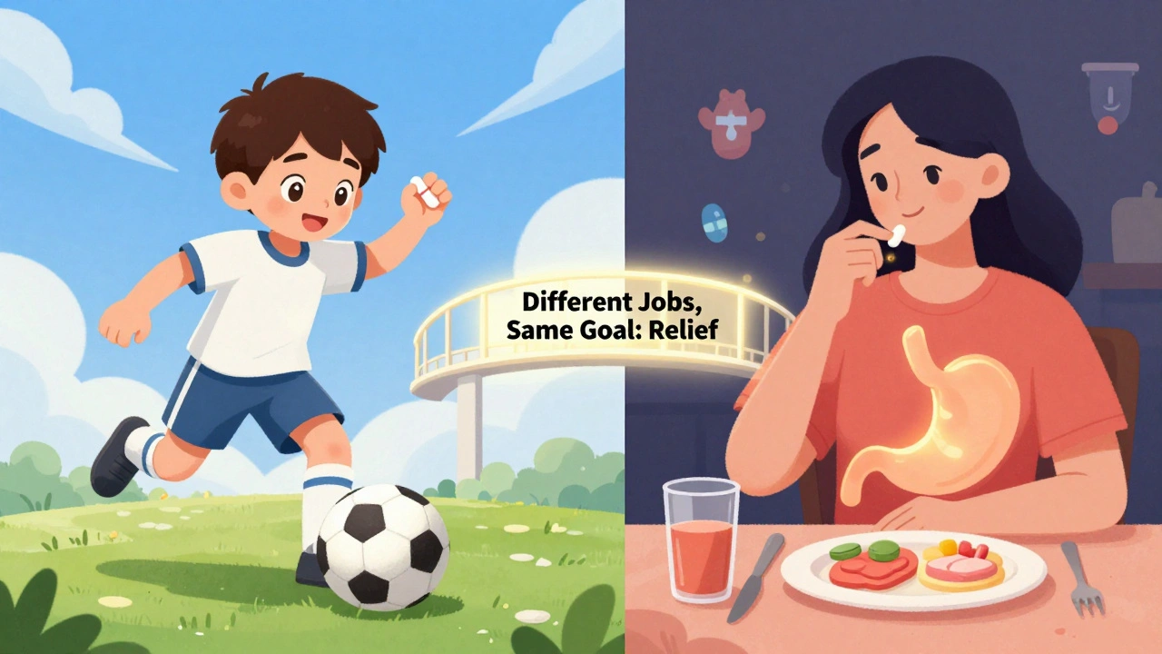 A child playing outside with an H1 blocker and an adult eating with an H2 blocker, showing two different uses in one scene.