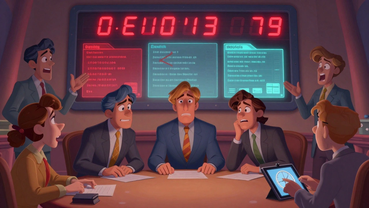 A committee meeting with majority and minority members debating a Level 3 substitution, digital severity index glowing above.