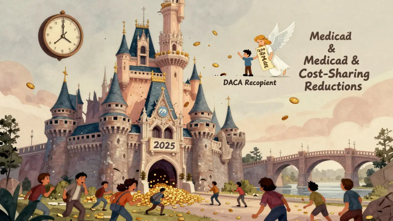 A crumbling ACA subsidies castle with golden coins falling, while people scramble to catch them before the deadline.