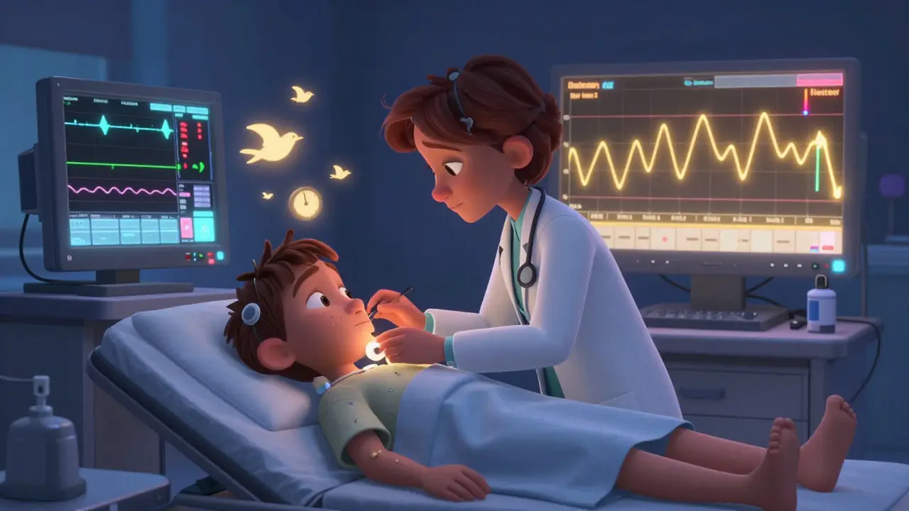 A doctor places sleep study electrodes on a patient while glowing monitors display brain and muscle activity during REM sleep.