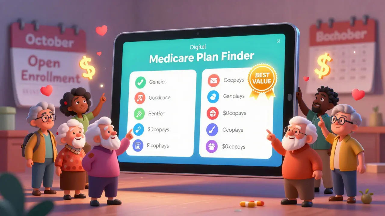 A floating tablet shows the best Medicare plan with glowing generics, while seniors cheer in a magical pharmacy setting.