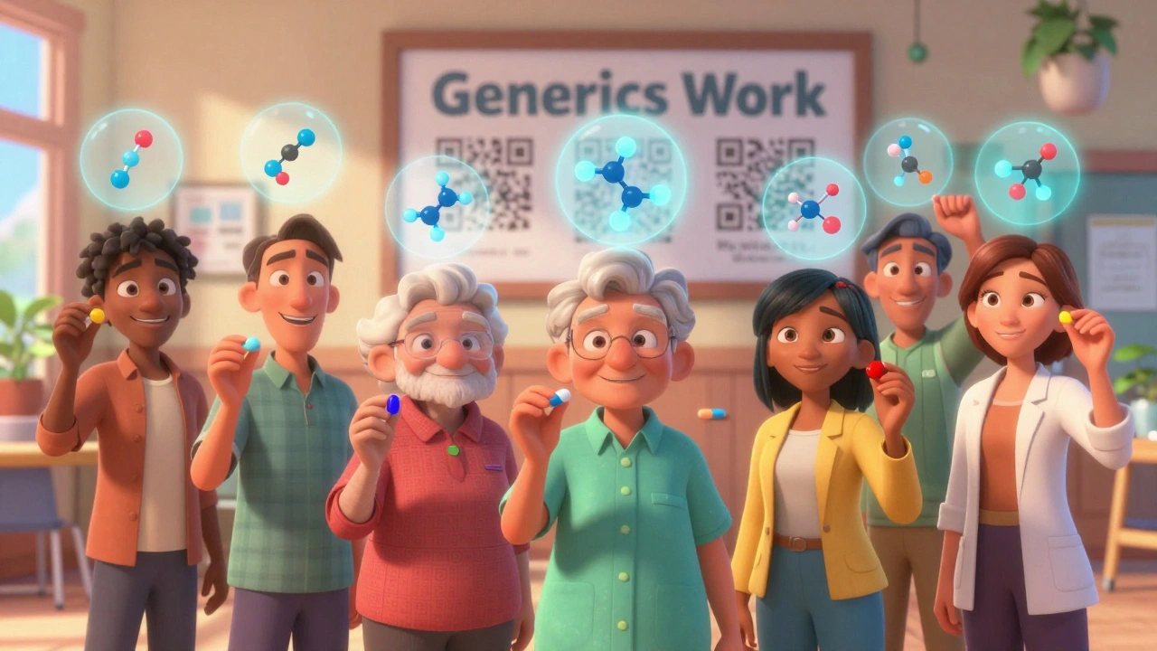 A group of diverse patients smile together as transparent molecular structures float above their pills in a sunlit community center.