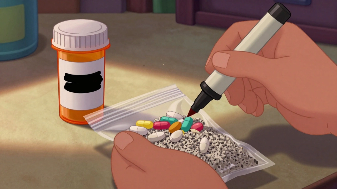 A hand seals medication in a bag while covering personal info on an empty bottle.