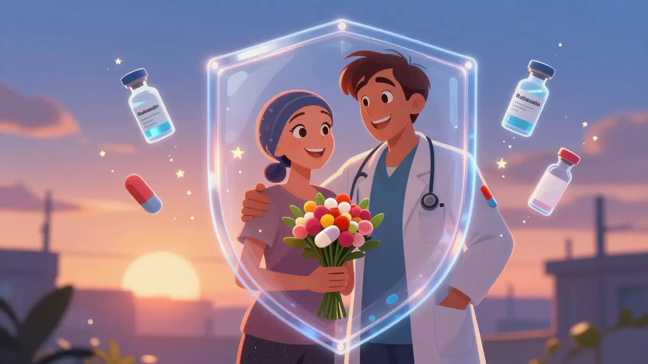 A happy patient stands beside their doctor, surrounded by floating medicine icons turning to stars, symbolizing successful drug tolerance.