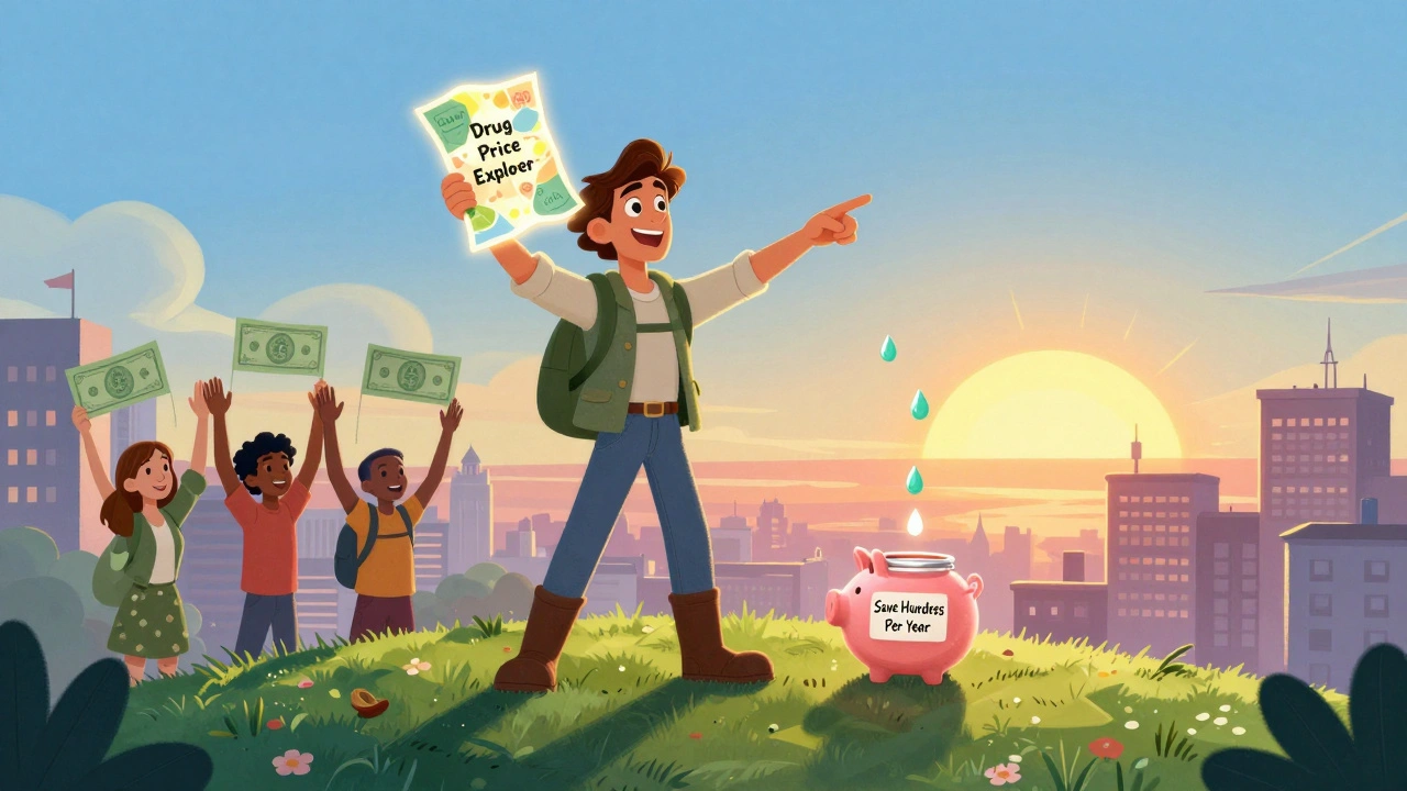 A hero pointing at a map showing drug prices dropping into a savings jar below.