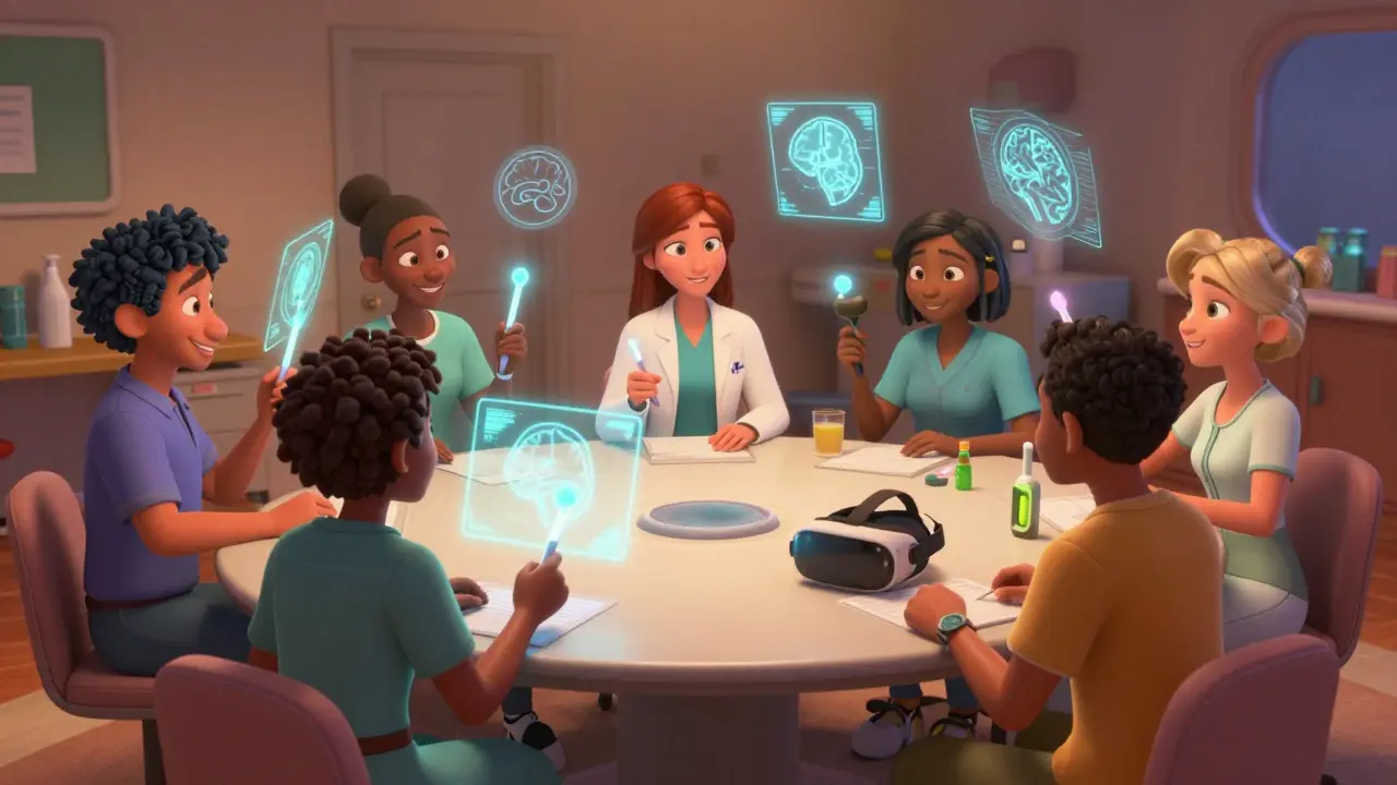 A multidisciplinary rehab team meeting around holographic brain scans, with tools representing each specialist's role.