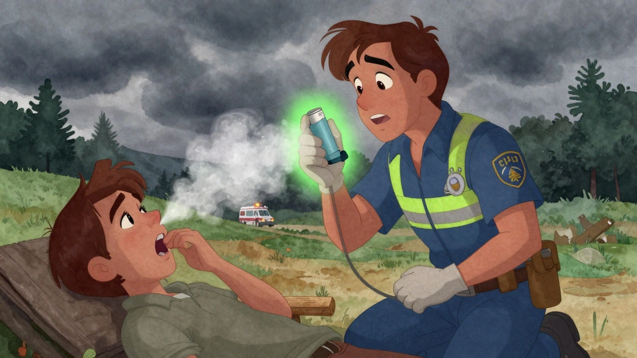A paramedic uses an expired inhaler to help an asthma patient, with a glowing mist easing their breathing.