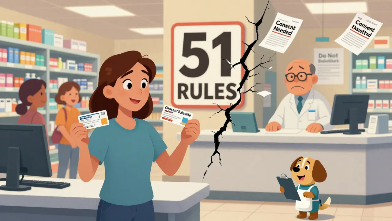 A patient stands at a state border pharmacy, holding two different prescription labels.