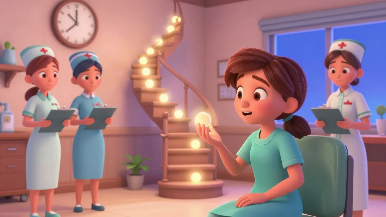 A patient takes oral aspirin doses over time, shown as glowing orbs climbing a staircase, with nurses watching kindly in a cozy clinic.