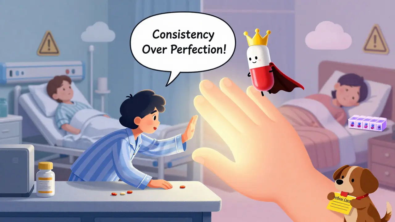 A person is gently stopped from doubling a dose by a floating wise pill, with hospital and safe scenes behind.