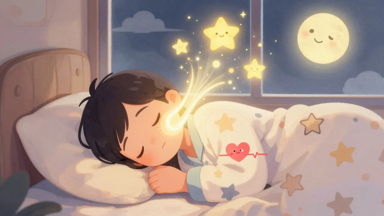 A person sleeping peacefully on their side with a glowing open airway and happy floating stars in Disney cartoon style.