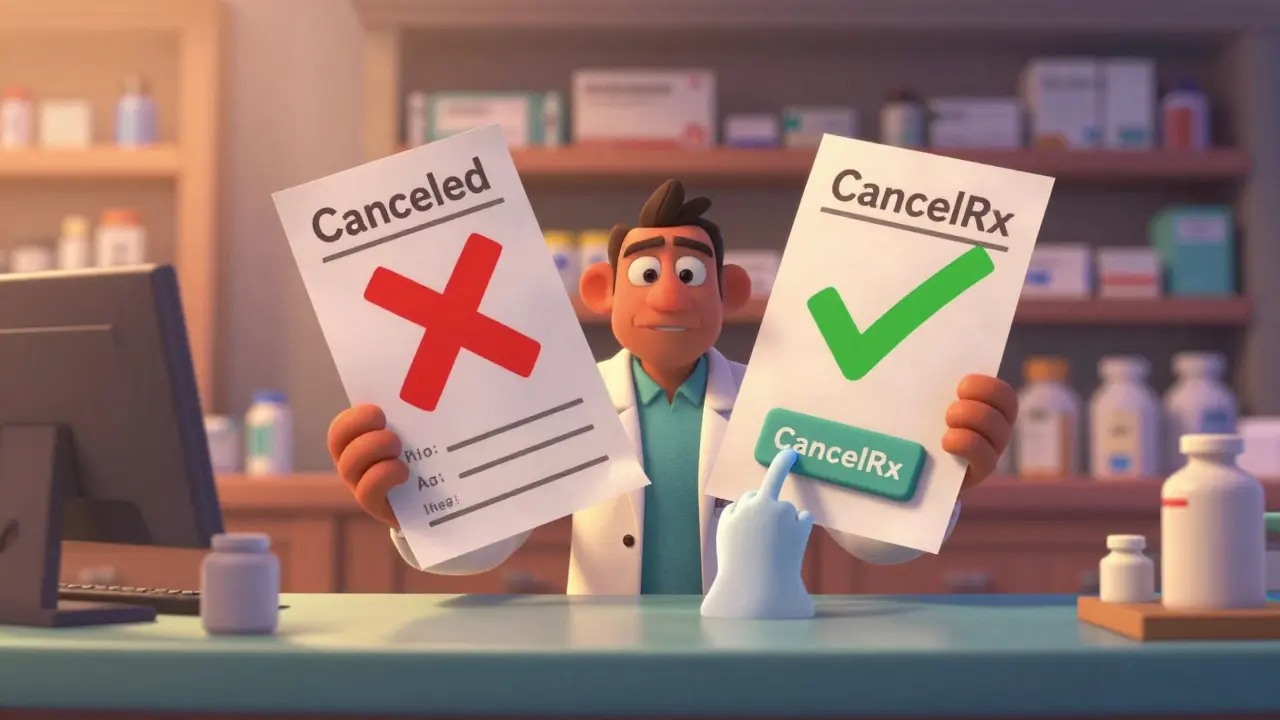 A pharmacist faces two conflicting prescriptions, with a ghostly hand ready to cancel the old one in Disney style.