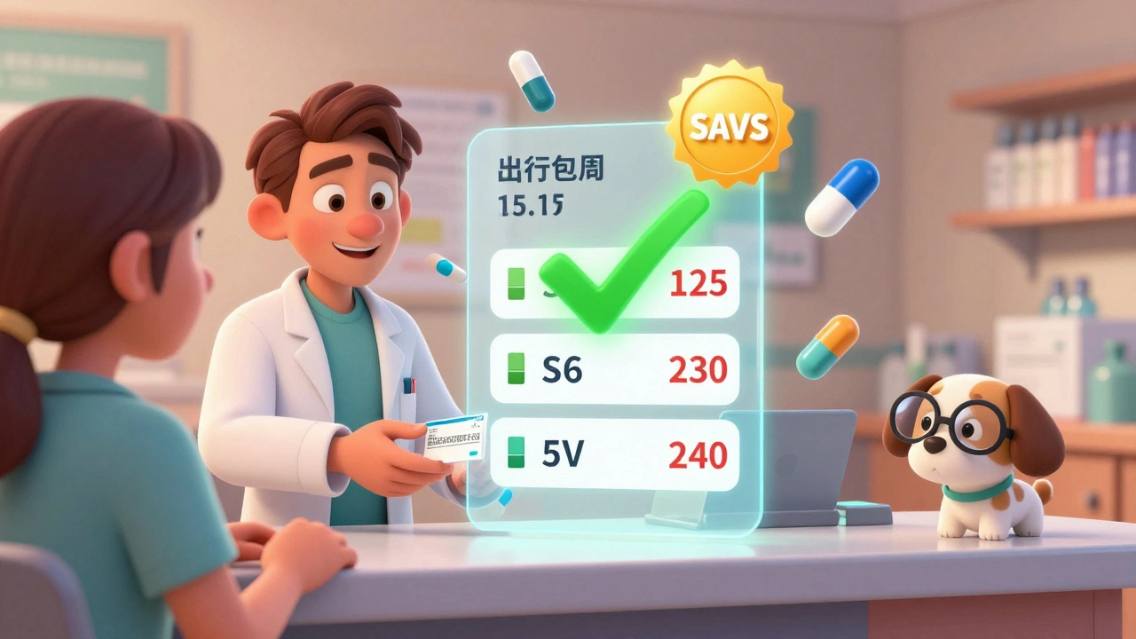 A pharmacist handing a prescription while digital price comparisons glow above the counter.