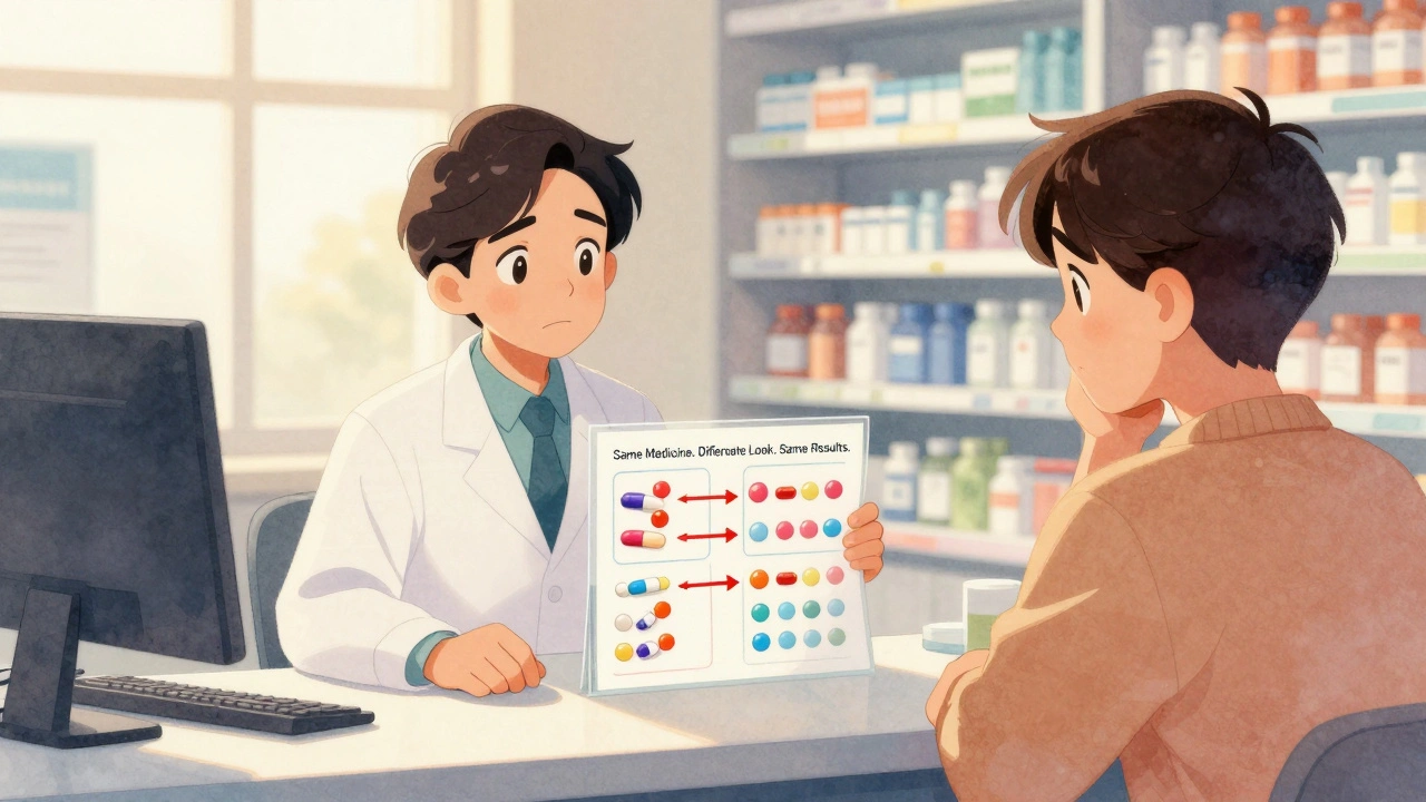 A pharmacist shows a patient a visual guide comparing brand and generic pills with clear arrows highlighting the same active ingredient.