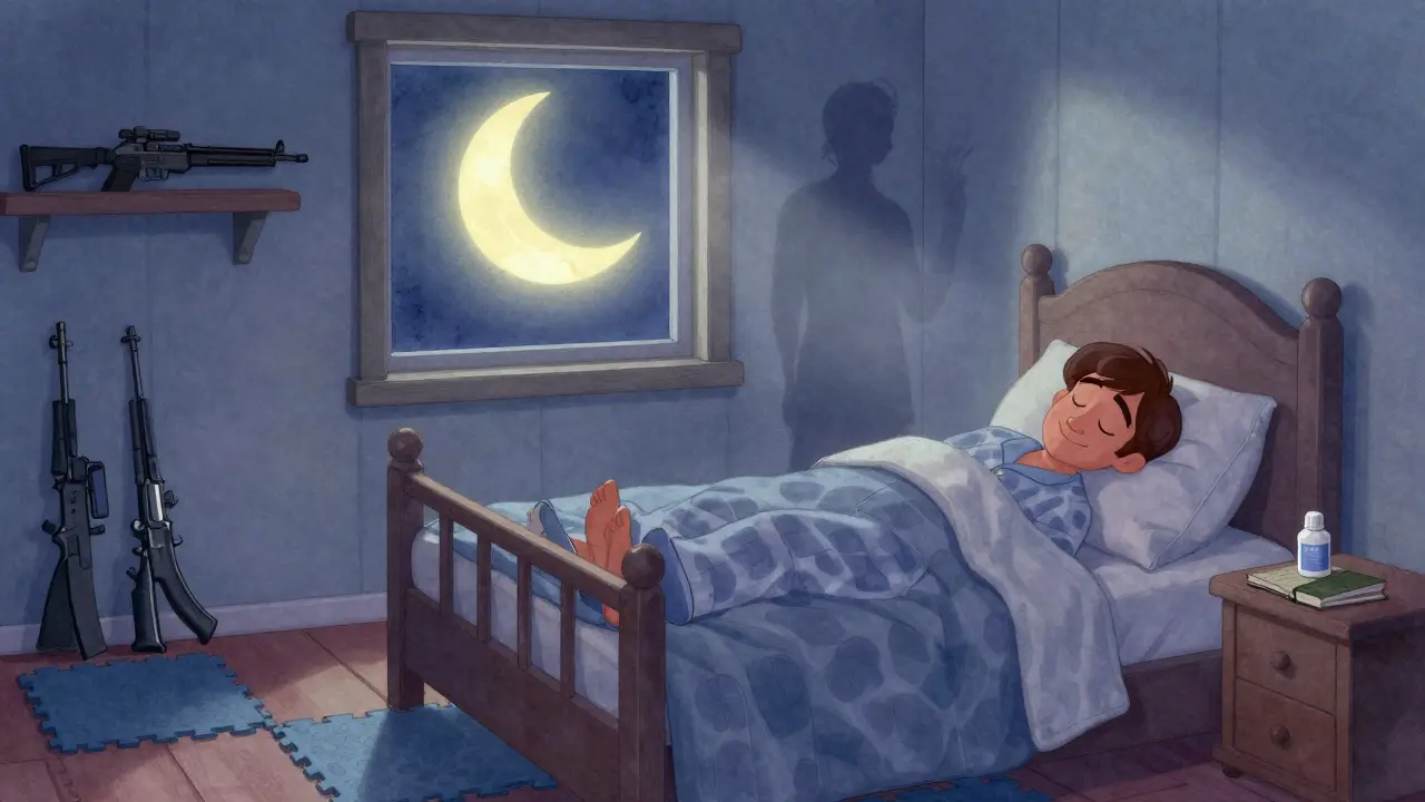 A safe bedroom with padded walls and melatonin bottle, as a peaceful sleeper rests under a glowing moon.