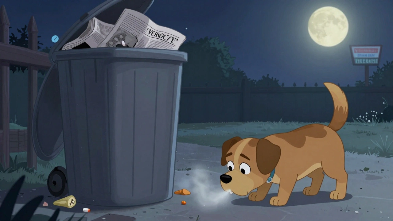 A sealed trash bag with disposed meds hides under trash, a dog sniffs nearby.