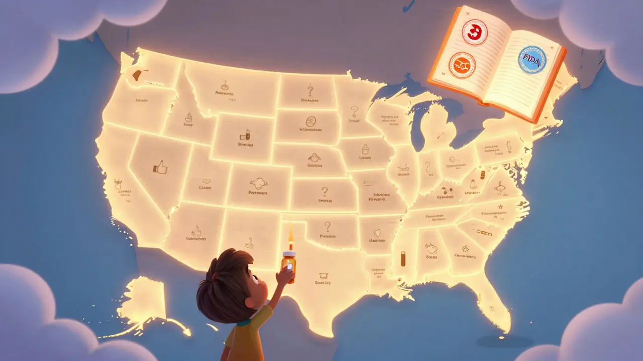 A whimsical map of the U.S. shows different state substitution laws with glowing icons.