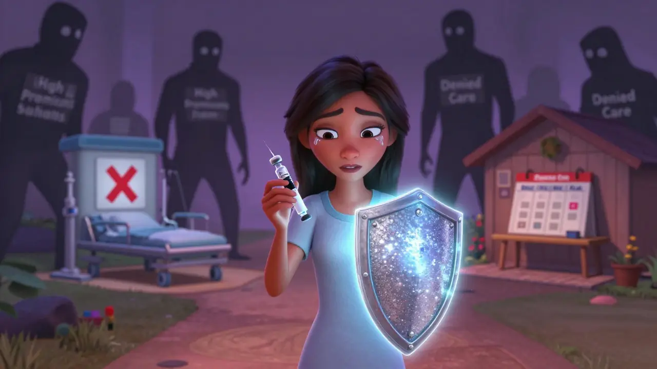 A woman protected by a shimmering Silver plan shield, shielded from shadowy high premiums and denied care.