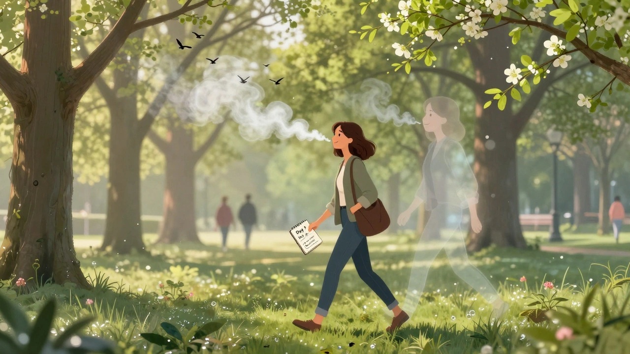 A woman walking in a park as her old smoking self fades away, replaced by birds and fresh air.