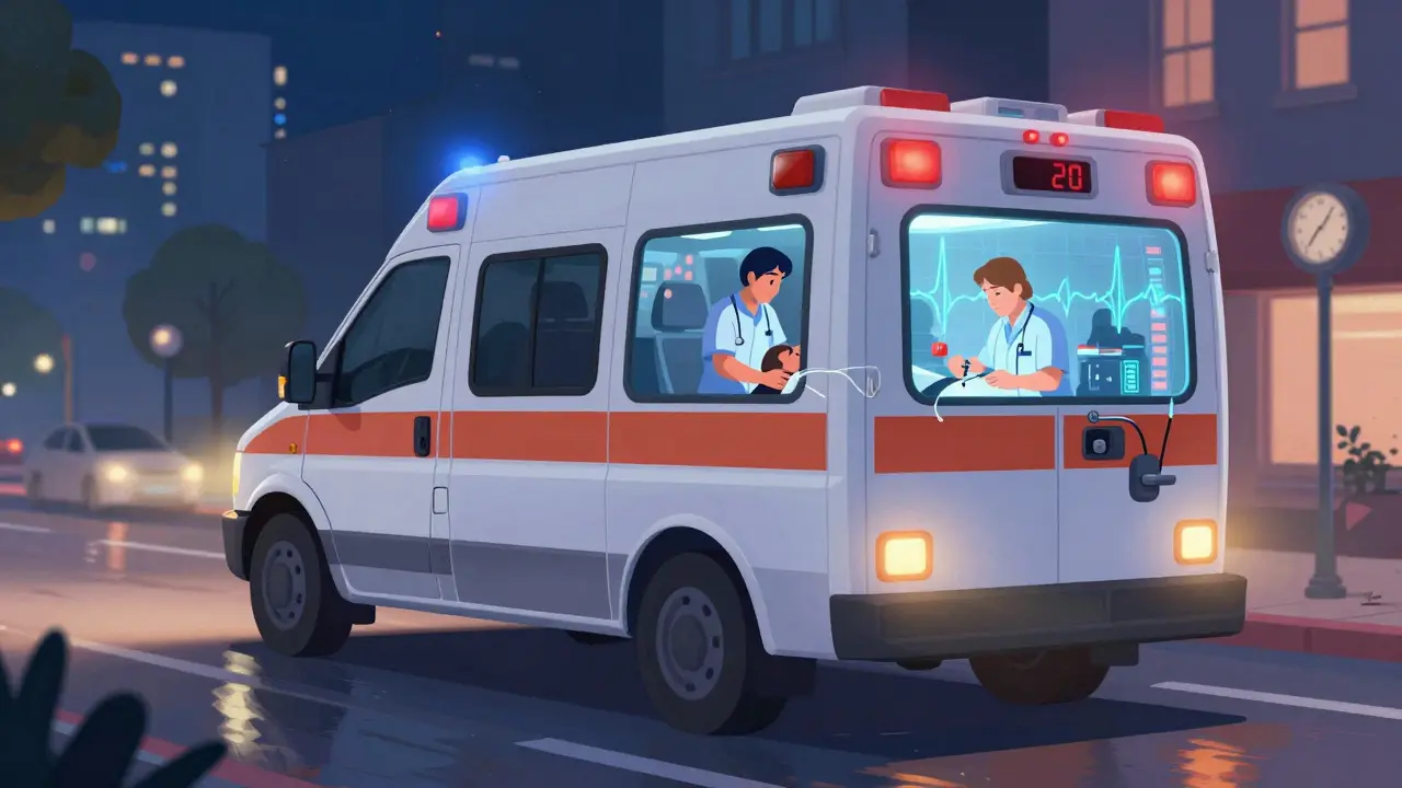 An ambulance speeding at night with paramedics administering care inside, ECG monitor glowing with abnormal readings.