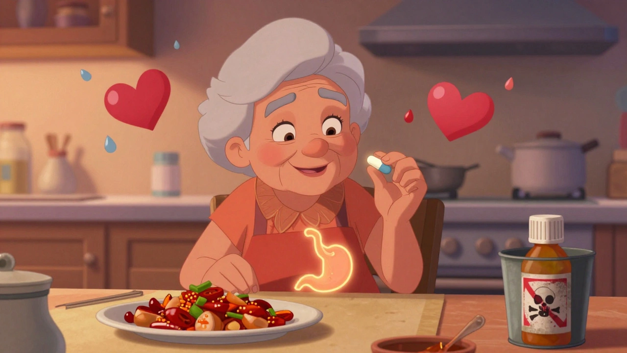 An elderly woman holding a famotidine pill as a cartoon stomach calms down, with a banned Zantac bottle in the trash.