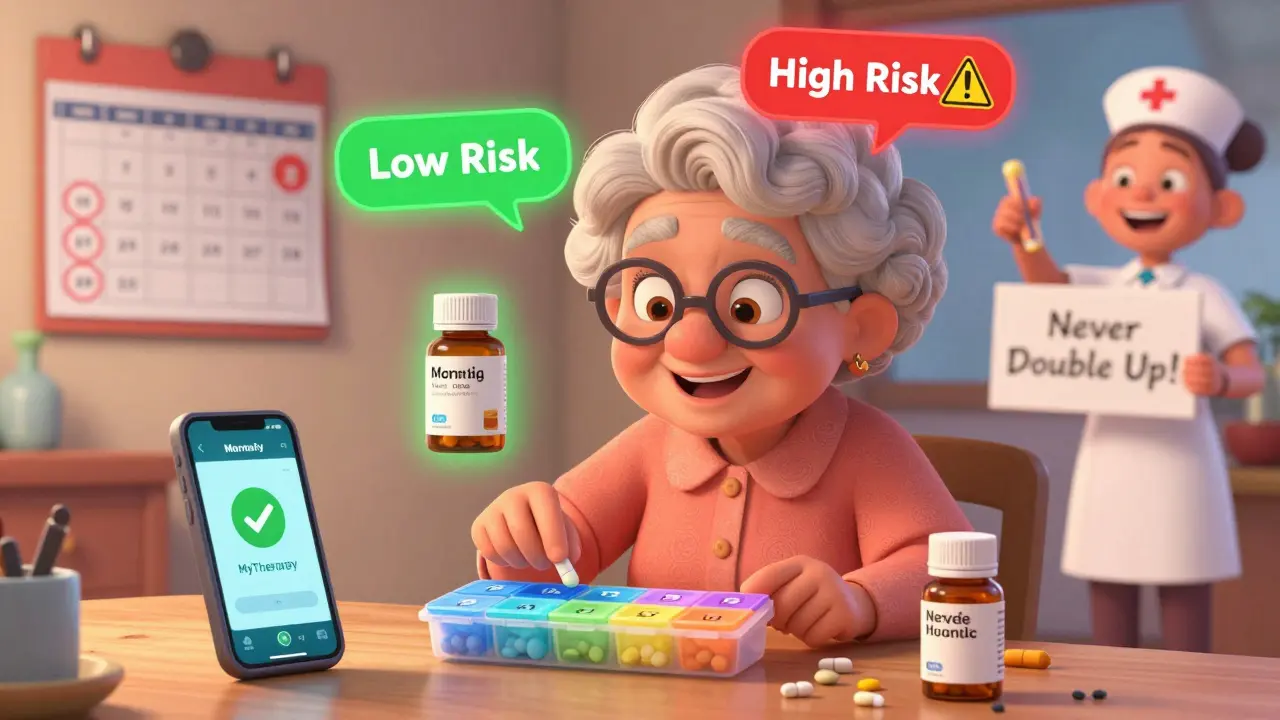An elderly woman uses a colorful pill organizer and smartphone app to manage her daily meds.