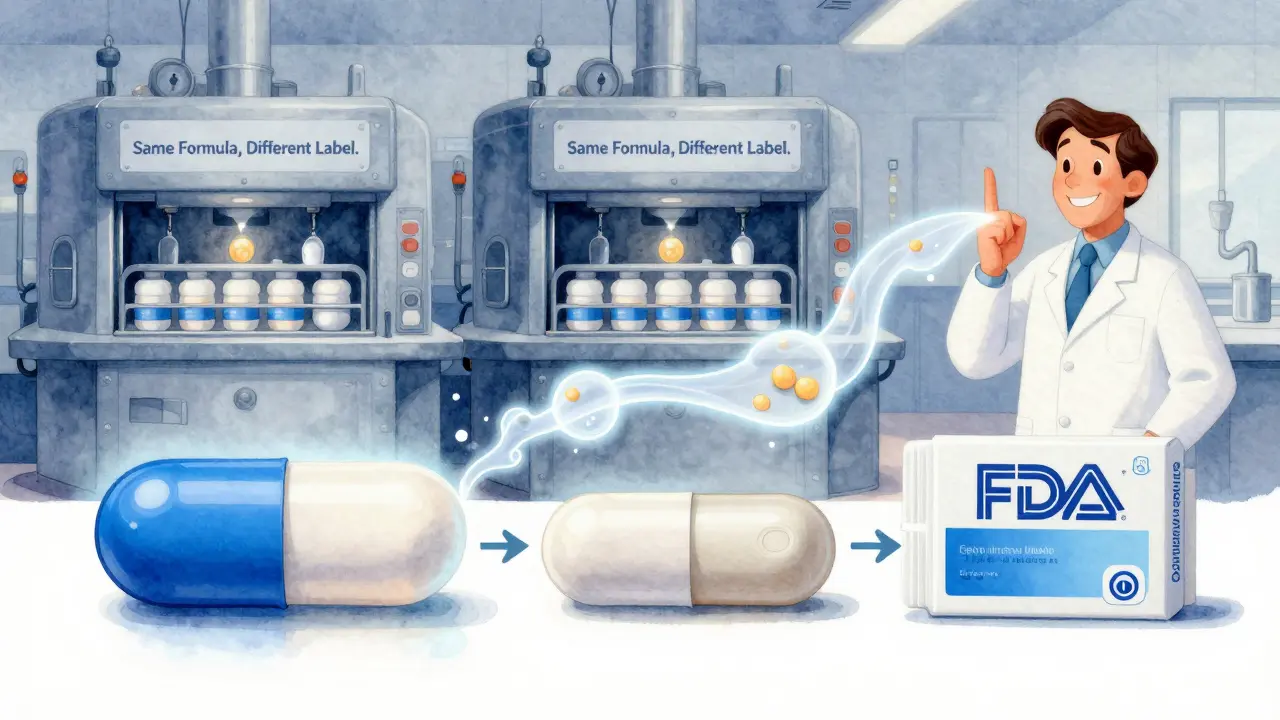Blue branded capsule transforming into plain white capsule, factory producing both with same formula.