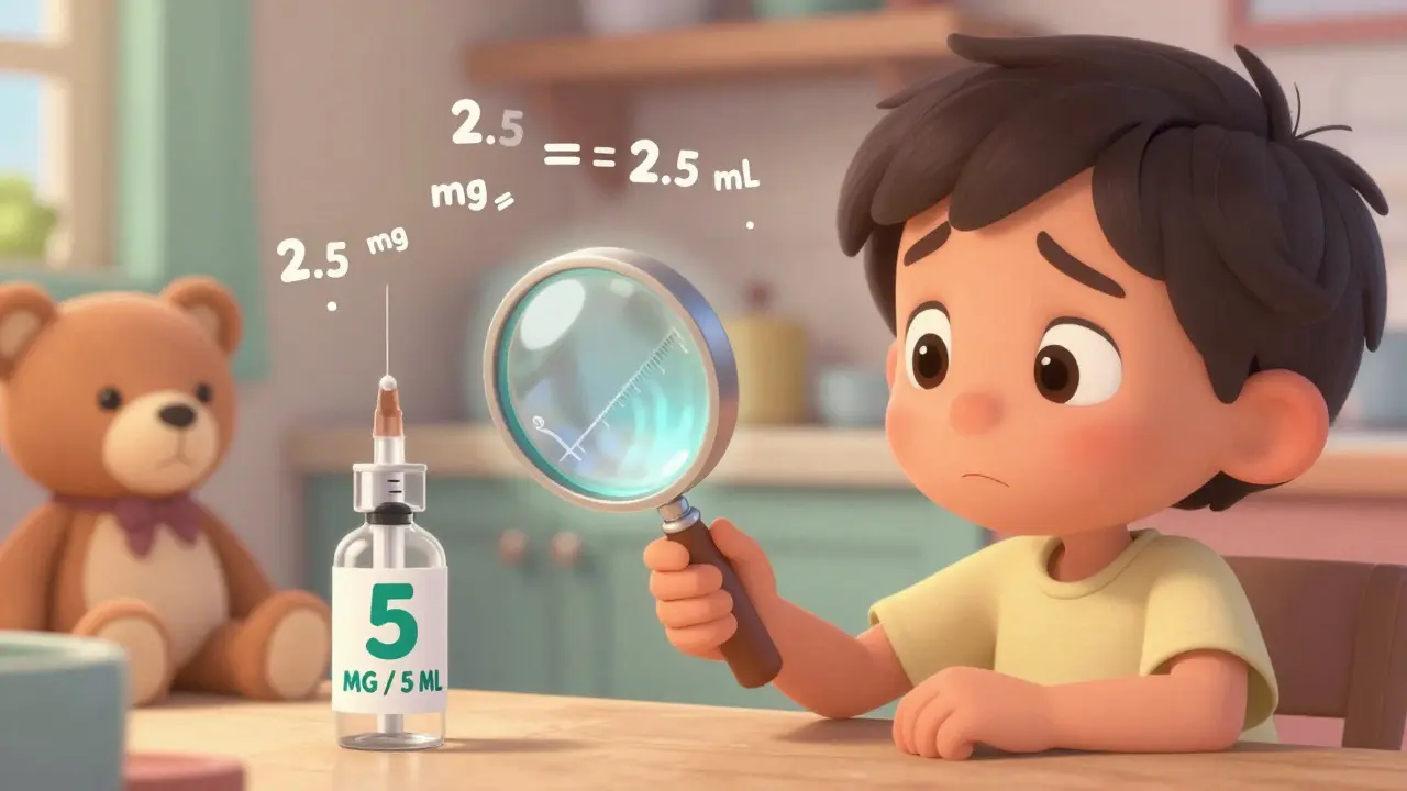 Caregiver measuring liquid medicine with a syringe, label showing concentration ratio.