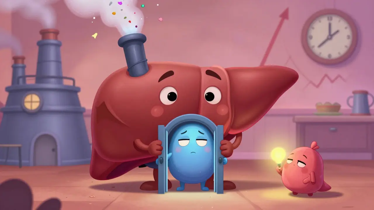 Cartoon liver pumping glucose, cells refusing insulin, pancreas dimming, breakfast to lunch timeline.