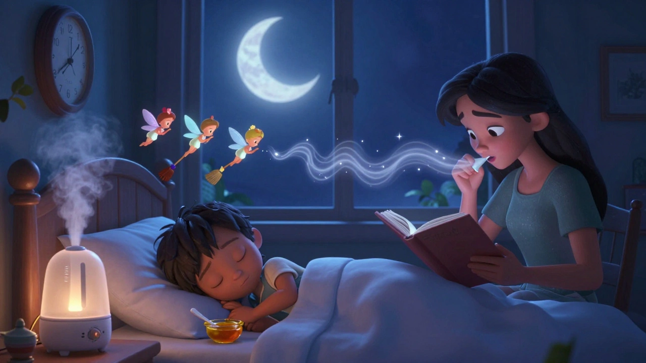 Child sleeping peacefully with honey and airway fairies clearing mucus at night.
