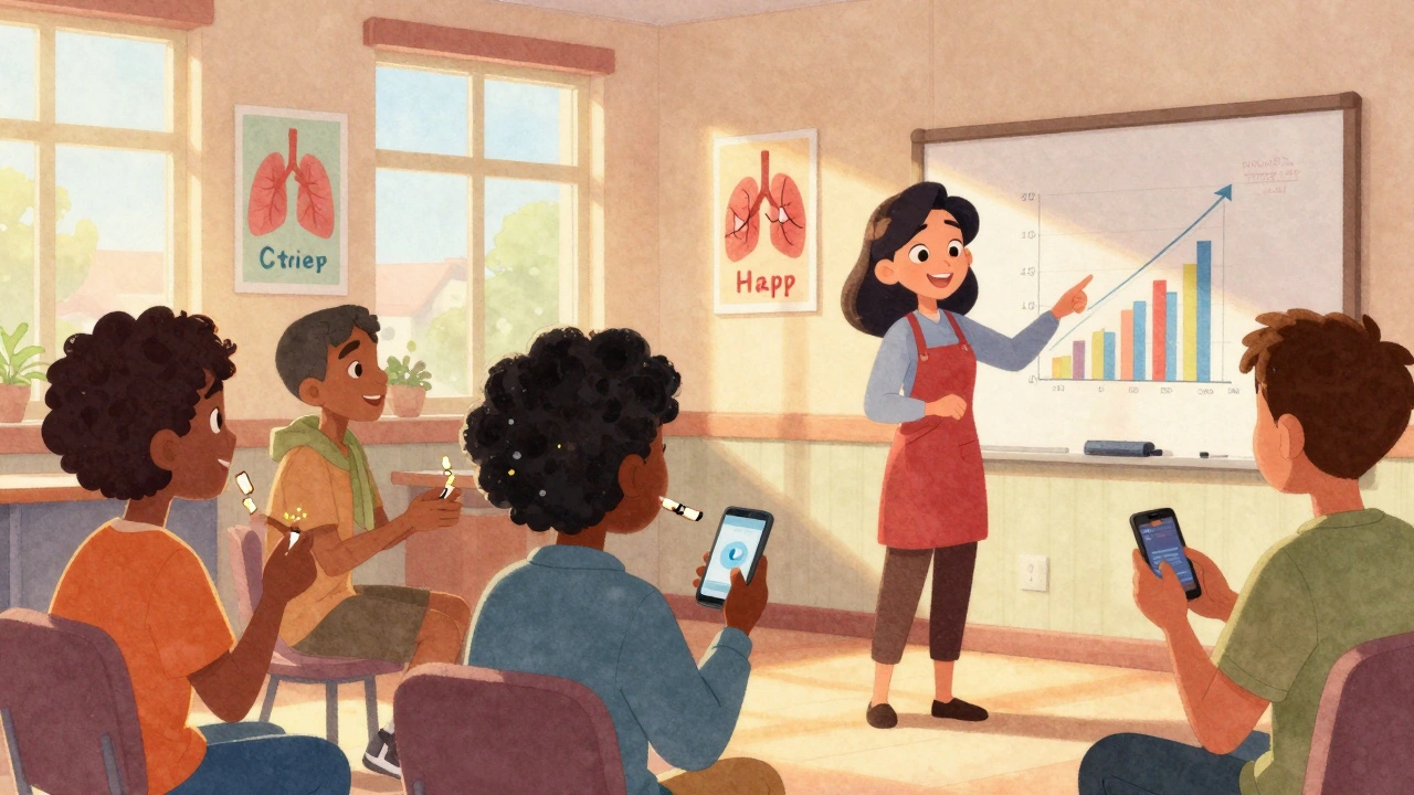 Diverse group in a community center receiving support to quit smoking, with uplifting visuals and counselor guidance.