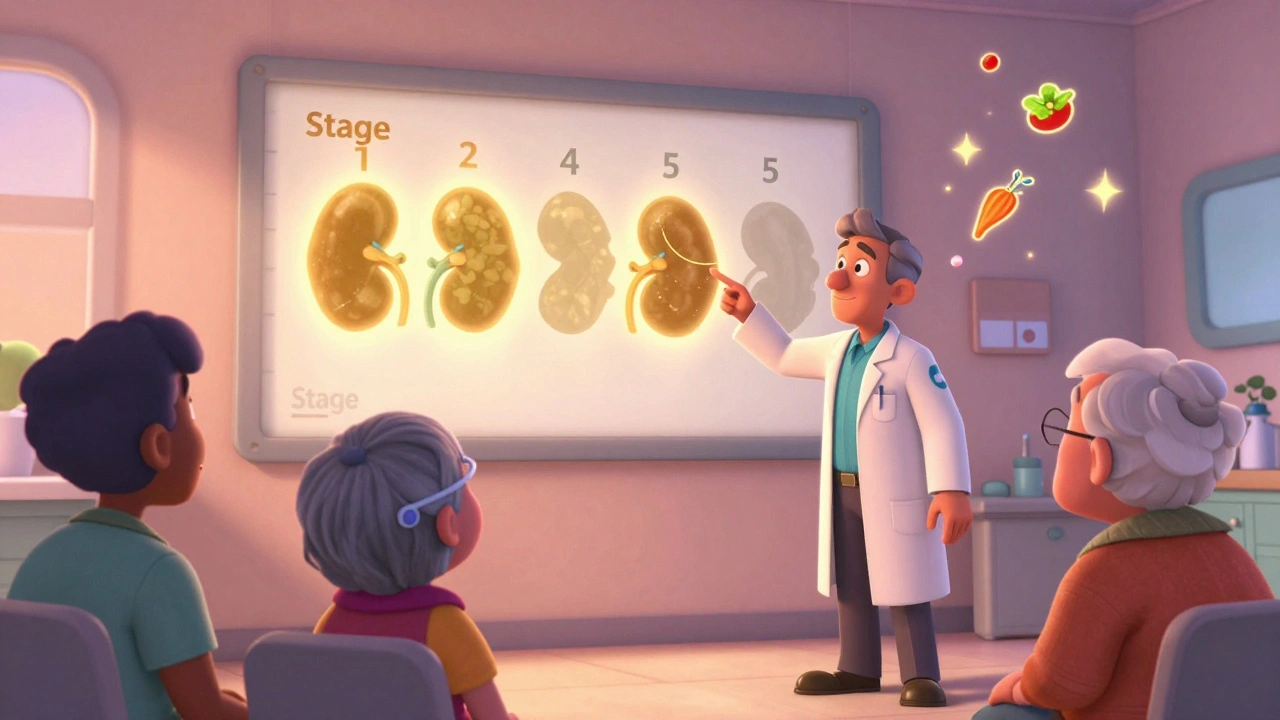 Doctor showing a glowing kidney stage chart to patients, with pills and vegetables floating upward in warm golden light.