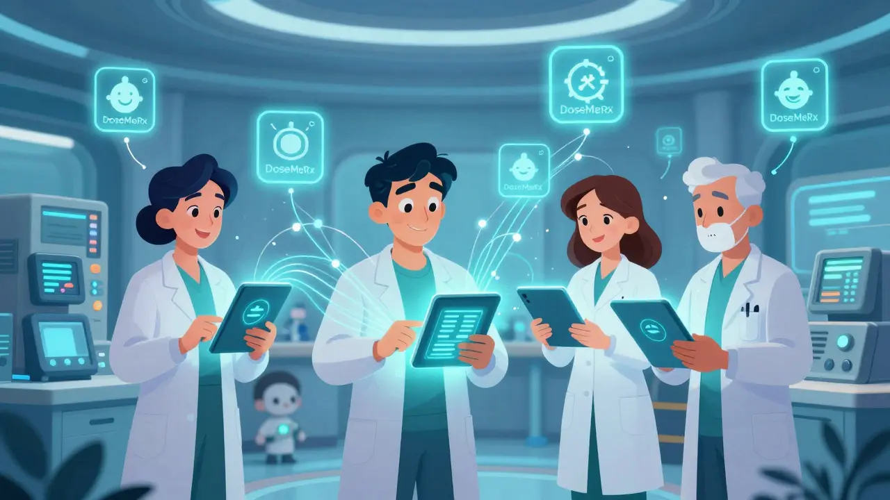 Doctors and pharmacists connect via glowing FHIR systems while AI helps fix errors in a hopeful Disney-style clinic.