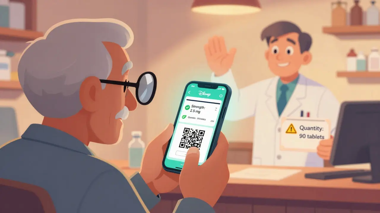 Elderly man using phone to read small prescription text, QR code glowing nearby.