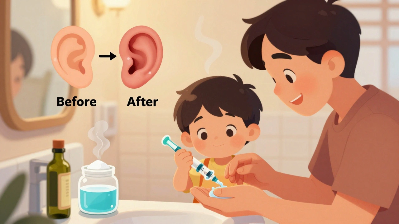 Family using a bulb syringe to gently irrigate an ear with safe home solutions.