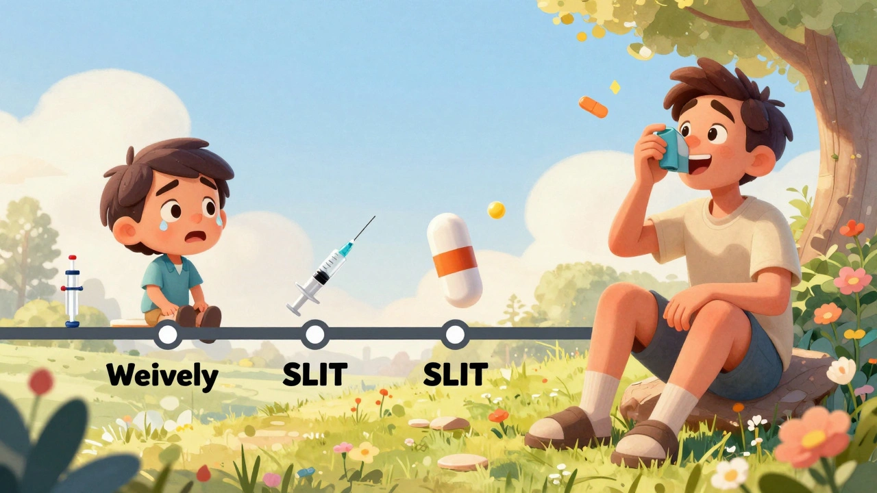 Five-year timeline showing transition from allergy shots to SLIT tablets, ending in freedom from asthma symptoms.