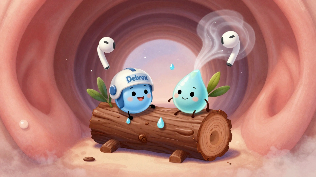 Friendly droplets softening a cartoon earwax blockage in a whimsical ear canal scene.