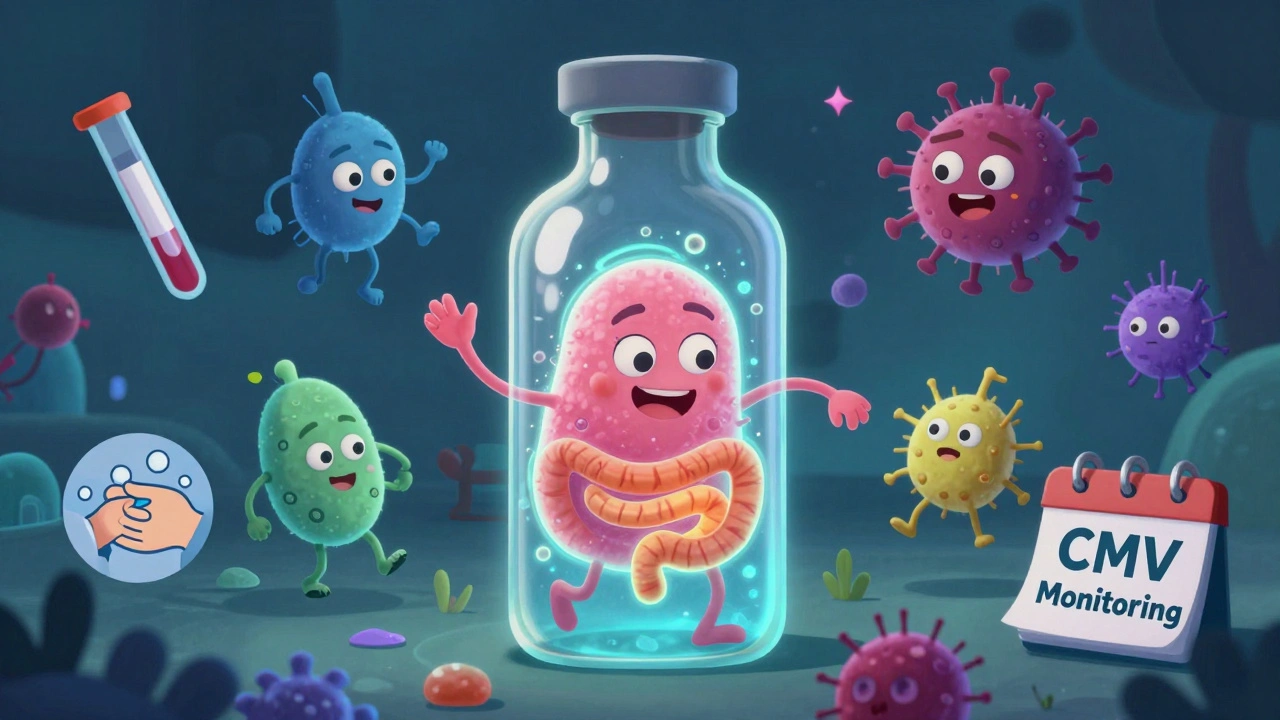 Friendly gut bacteria defeating superbugs with a magical transplant therapy potion.