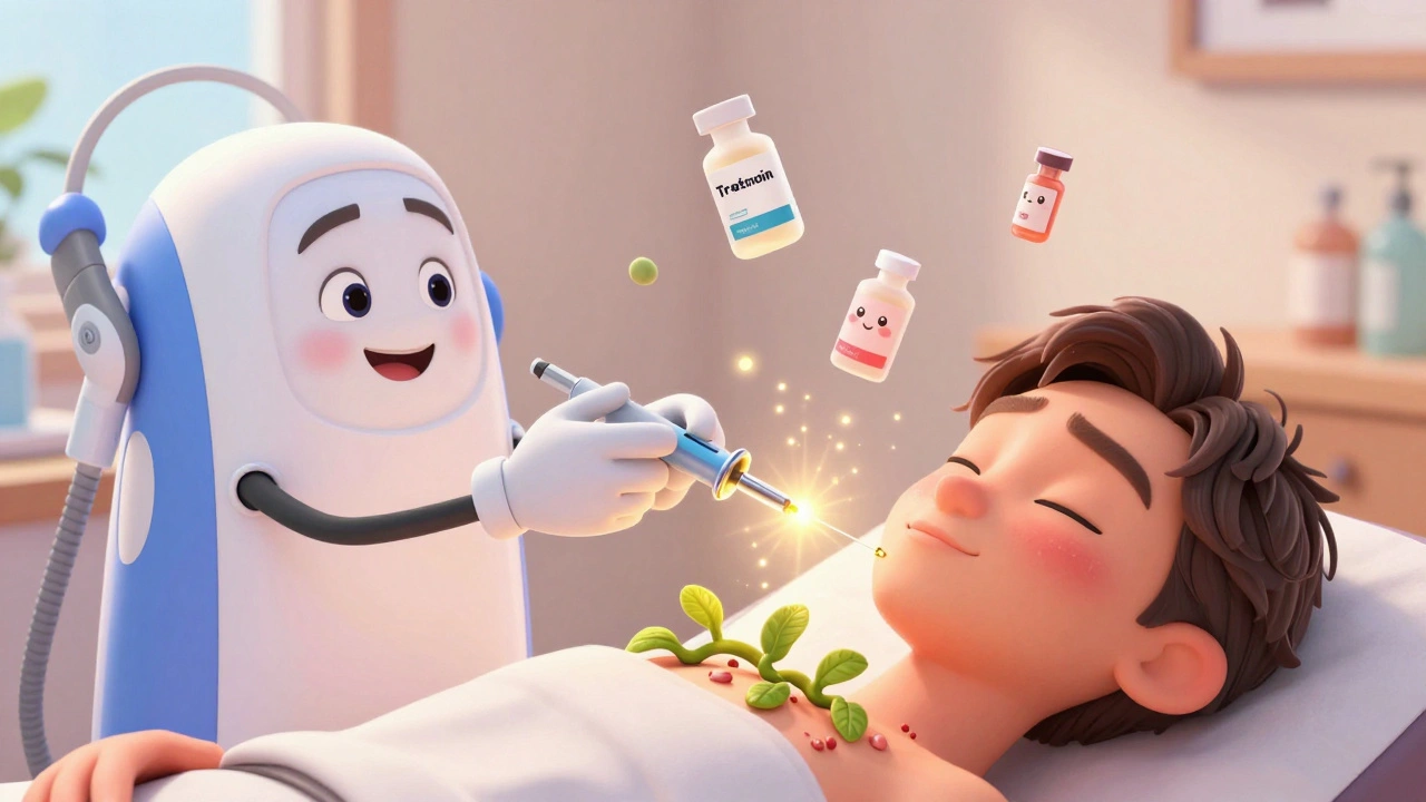 Friendly microneedling device with arms releasing golden energy to grow collagen vines on skin in a bright treatment room.