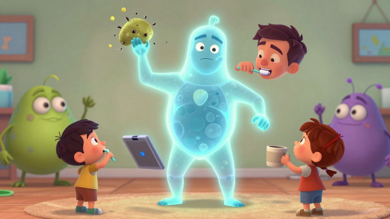 Parent taking a SLIT tablet while brushing teeth, with immune system superhero defeating allergy villains.