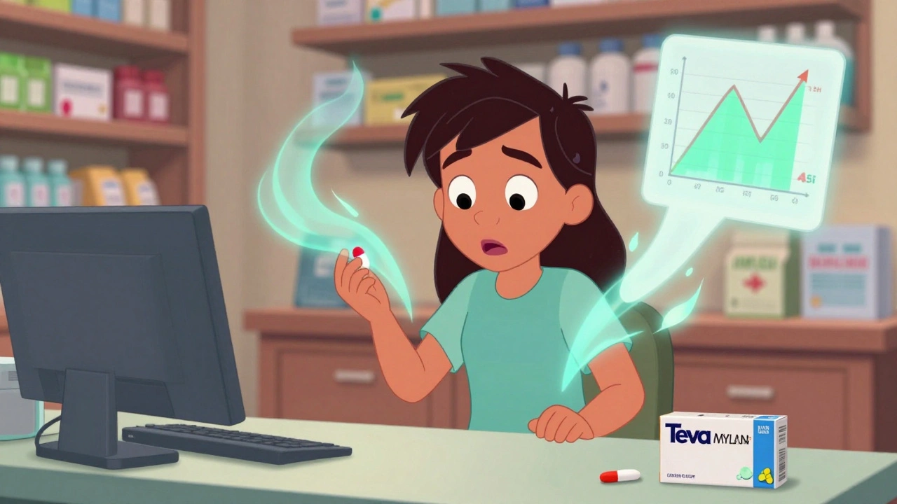 Patient at pharmacy surprised as pill brand changes, invisible energy waves affecting their body, TSH graph spiking.