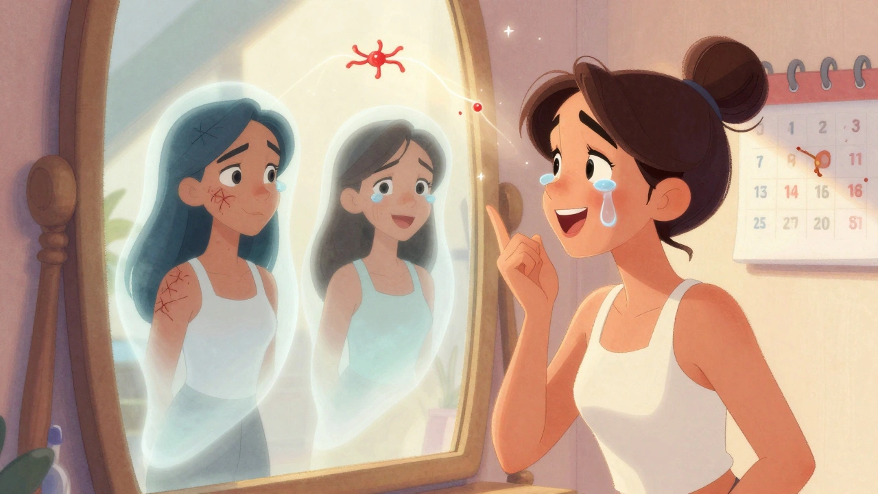 Patient smiling at mirror as before-and-after versions float beside them, with glowing collagen threads and sunlight shining down.